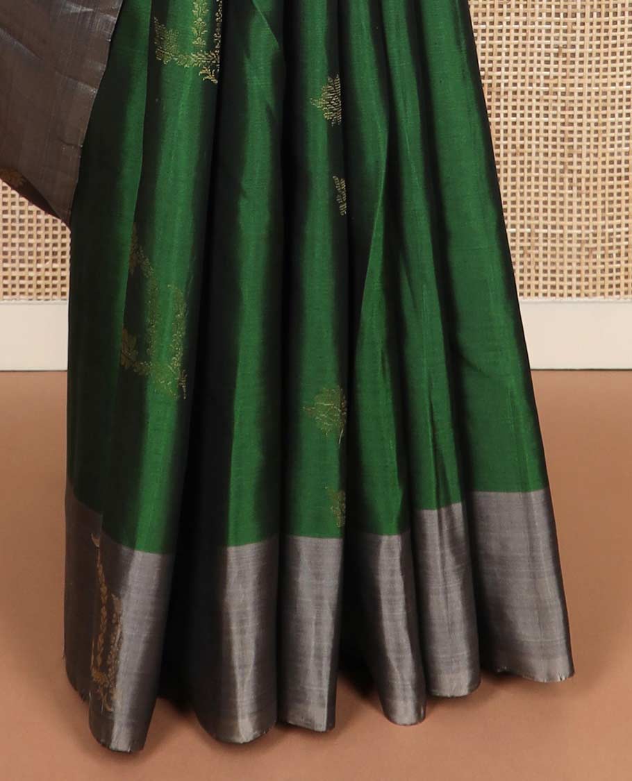 Green floral zari buttas silk mix saree, contrast floral zari design border & intricately designed pallu