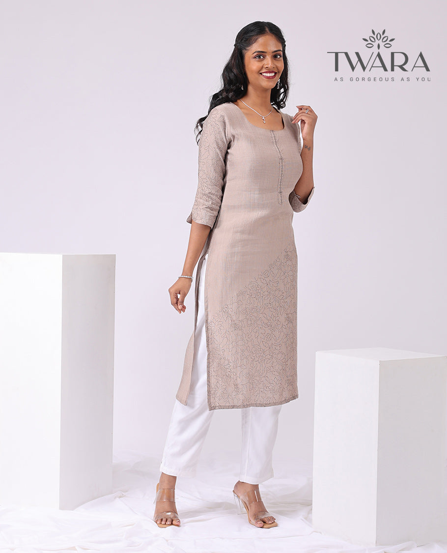 Twara Grey floral embroidery square neck, knee length , elbow sleeve kurti