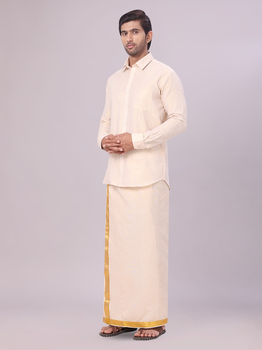 Mens Gold Tissue Jacquard Shirt with Matching Dhoti Combo Zeus