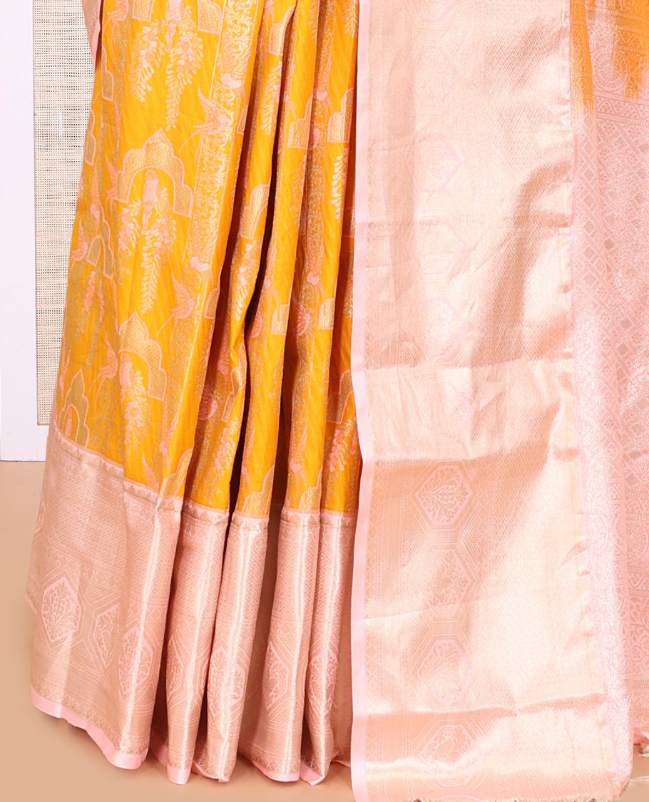 Turmeric Yellow-Peach Jacquard Budget Silk Saree