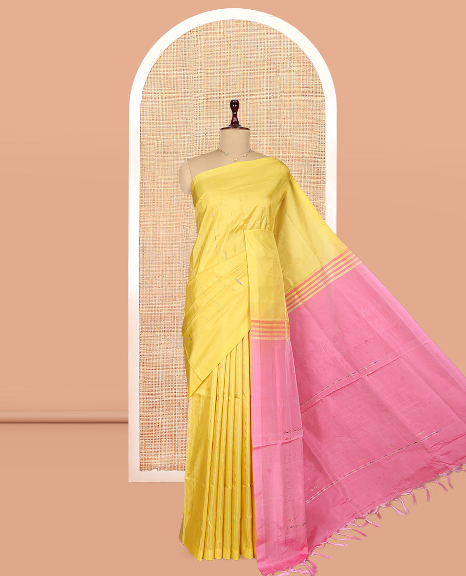 Borderless Yellow Banana Pith Saree, Woven with Buttas, a Contrast Pallu of Stripes, and a Contrast Blouse