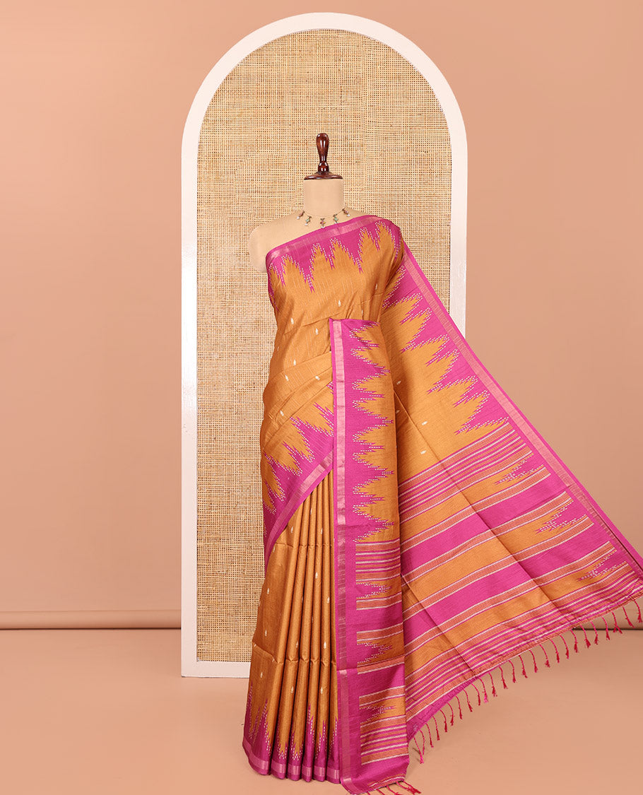 Mustard Kathan Silk Saree Adorned with Buttas, Contrast Temple Border, Temple pallu, and Striped Blouse