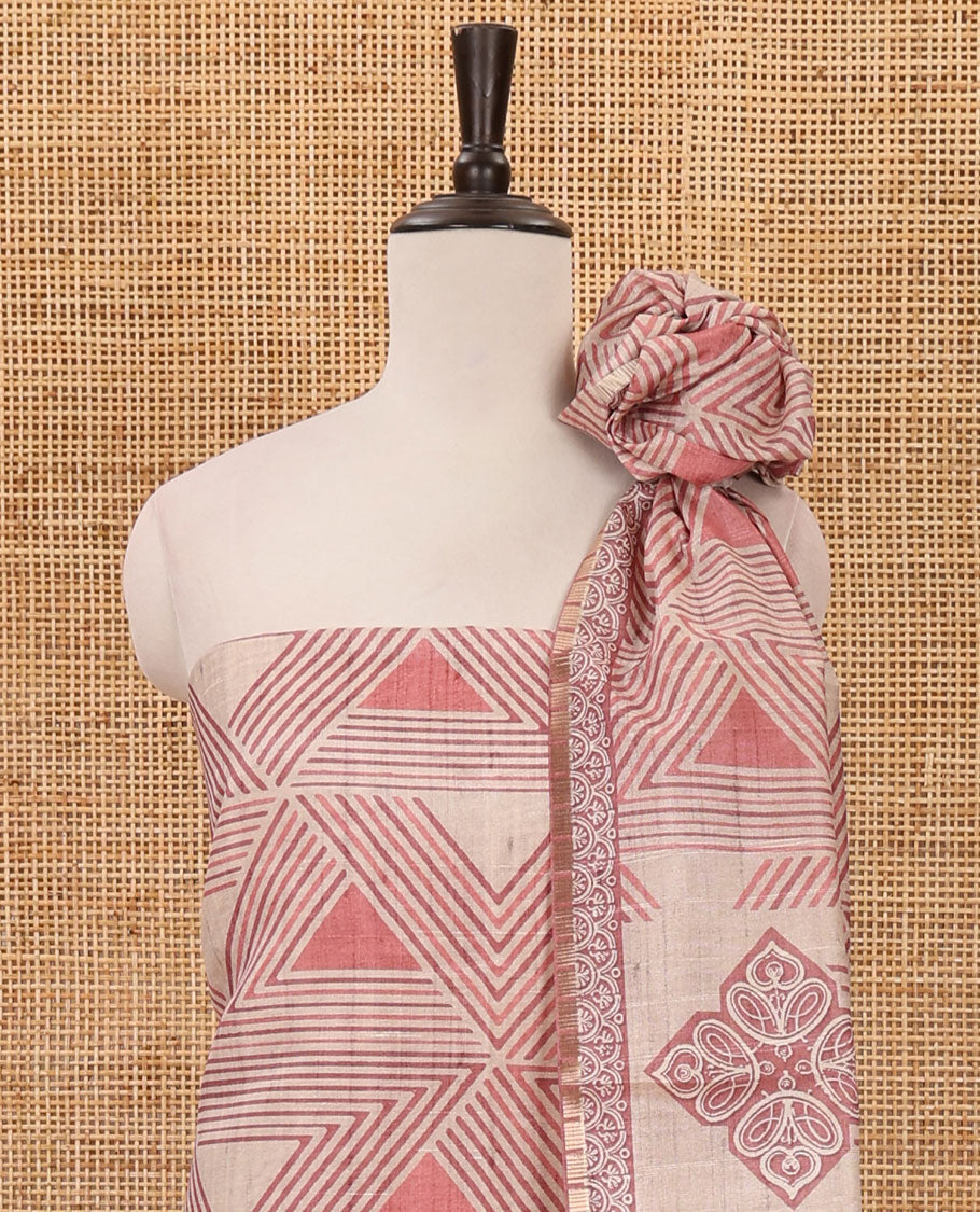 Onion pink semi-tussar material chudidar set, triangle printed top, heathered bottom & dupatta of triangle & four-petal floral print