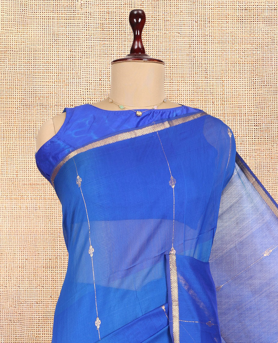 M.s Blue Maheshwari Cotton Saree, Accentuated with Zari Stripes, a Piping Zari Border, Gleaming Zari Pallu, and a Matching Blouse