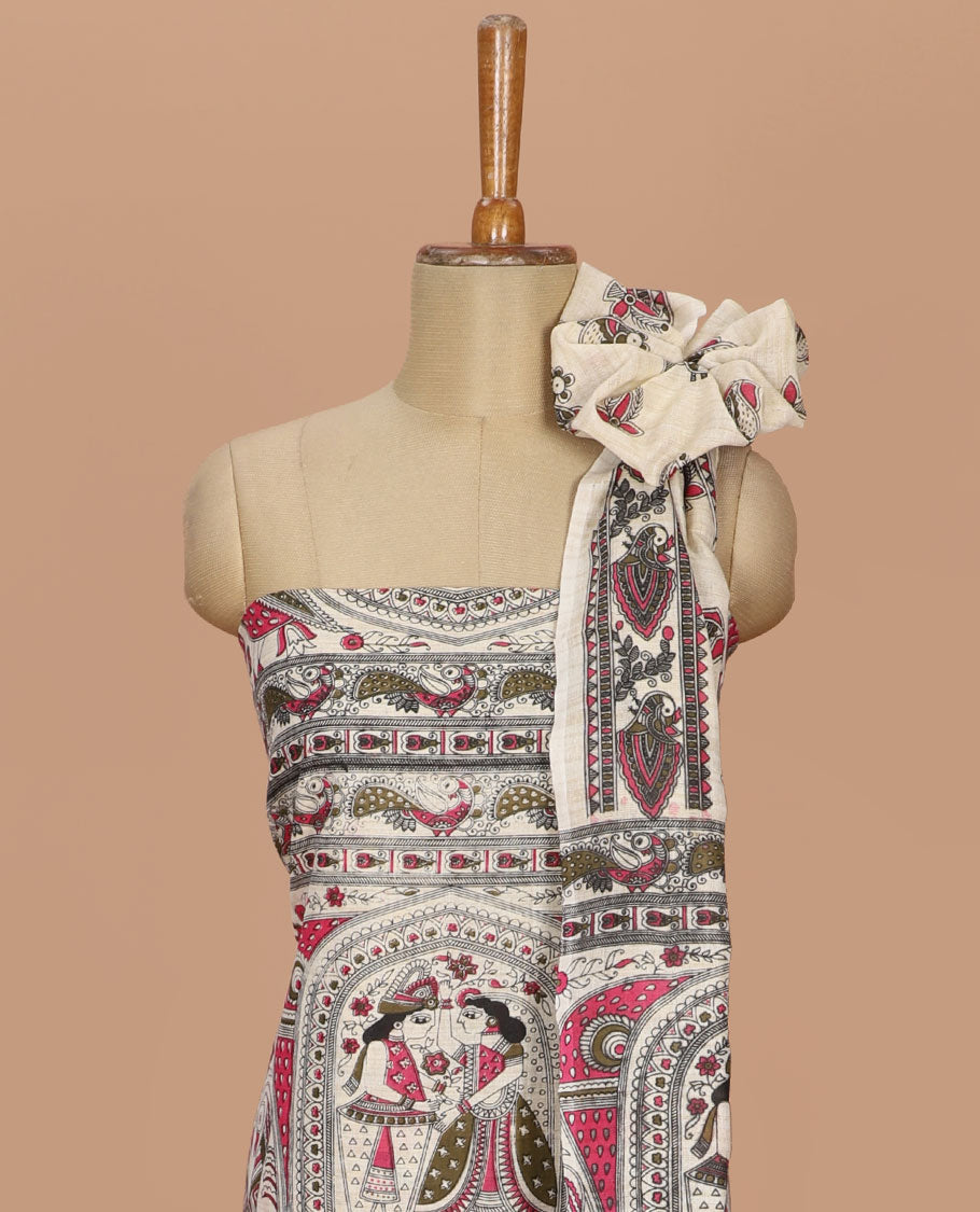 Rani pink madhubani print design bhagalapur cotton chudidhar material top with cotton material daman madhubani ptint pants & madhubani printed dupatta