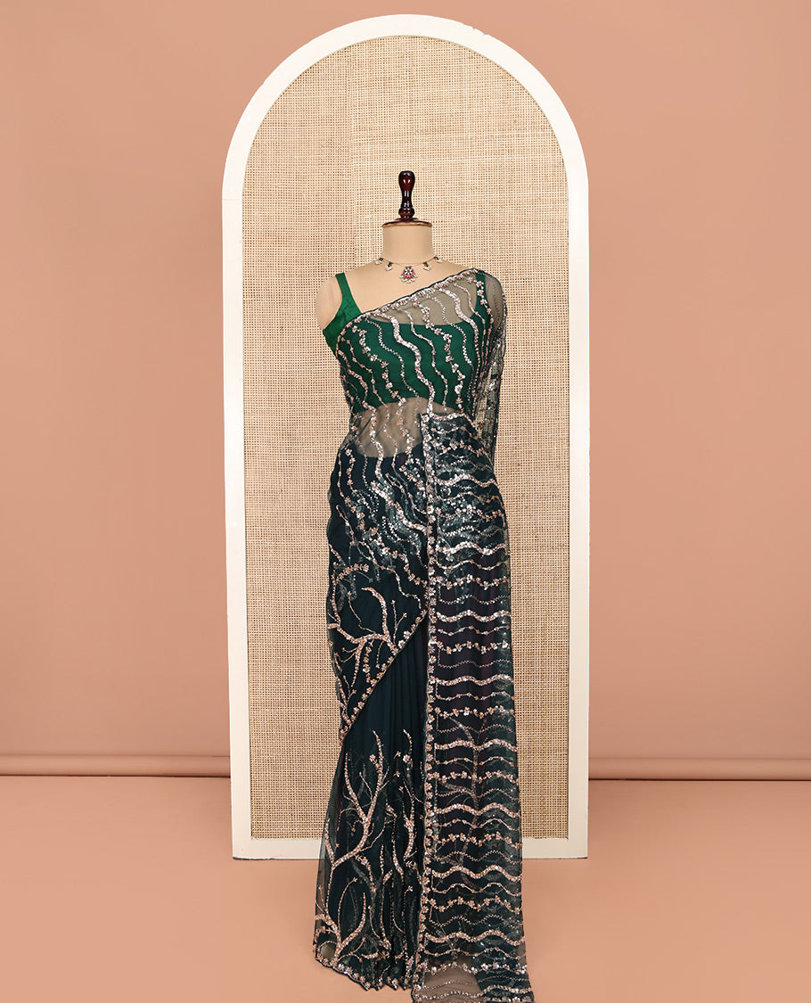Teal Blue Zig-Zag Sequin Striped Net Designer Saree with a Matching Blouse