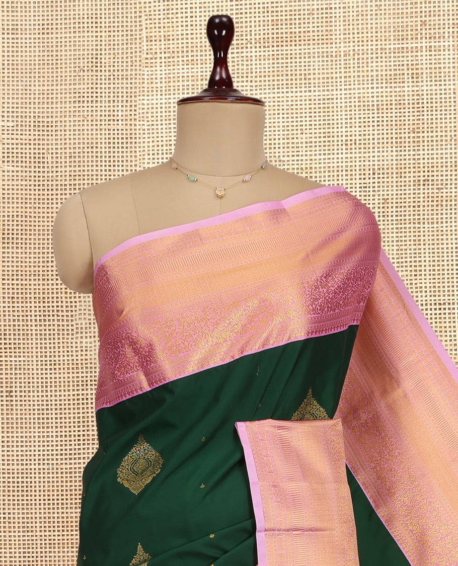 Green-Pink Zari Buttas Budget Silk Saree, Contrast Traditional Zari Border, Grand Pallu, a Contrast Blouse