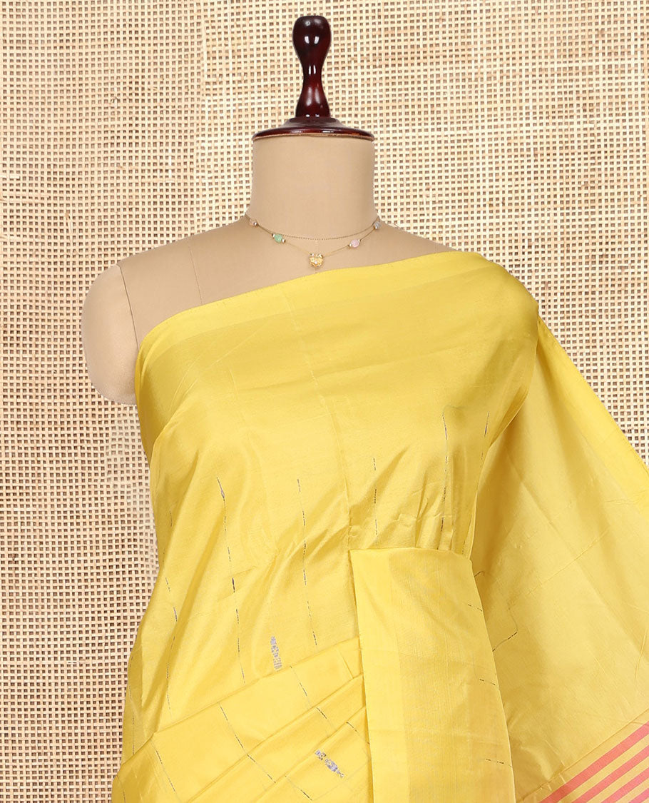 Borderless Yellow Banana Pith Saree, Woven with Buttas, a Contrast Pallu of Stripes, and a Contrast Blouse