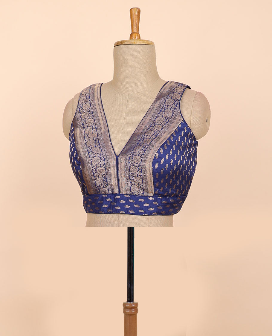 Dark blue floral zari design front & back deep v-neck raw-silk readymade sleeveless blouse