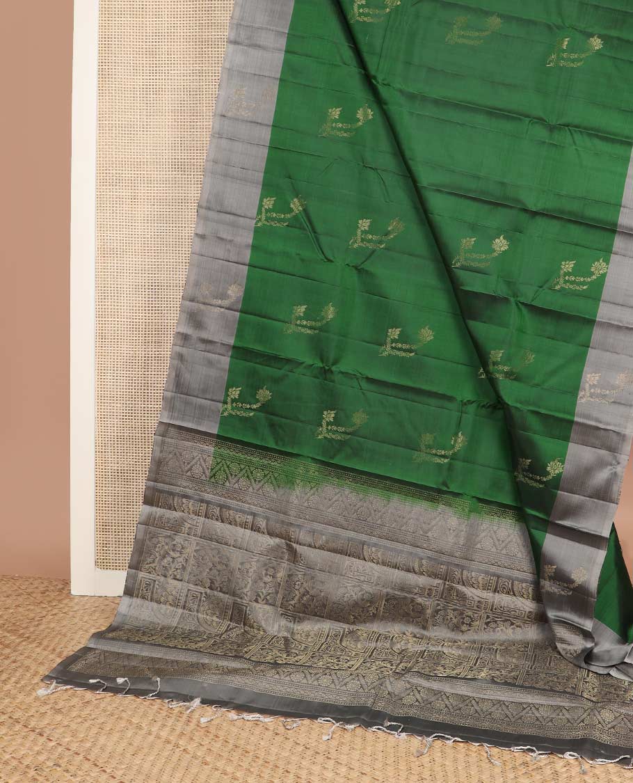 Green floral zari buttas silk mix saree, contrast floral zari design border & intricately designed pallu