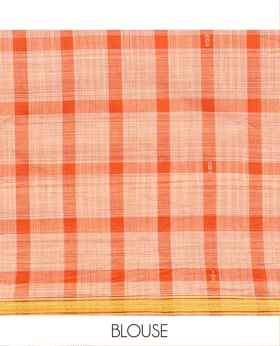 Orange Andhra Cotton Saree, Highlighted by a Big Checked Design All Over Its Body, Subtly Sparked with a Traditional Border, Pallu of Stripes, and Paired with a Matching Blouse