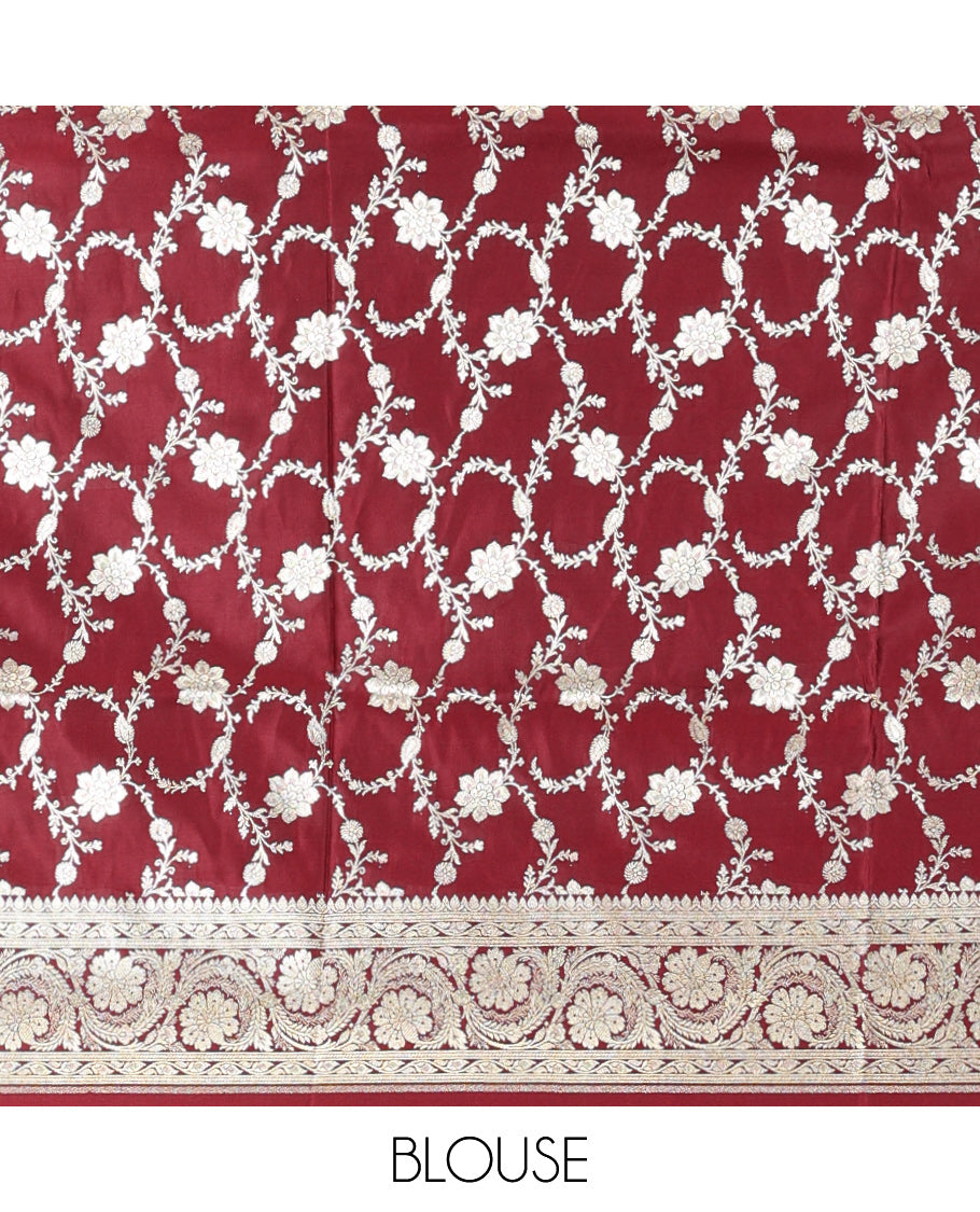 Maroon Plain Semi-Banaras Satin Silk Saree