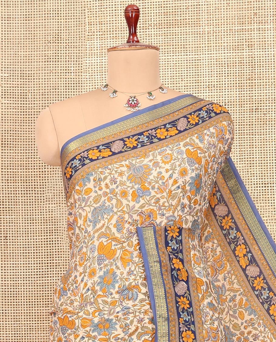 Sandal Printed Silk Saree, Adorned with Floral Vine Print, a Contrast Floral Printed Border, Floral Print Pallu, and a Matching Blouse