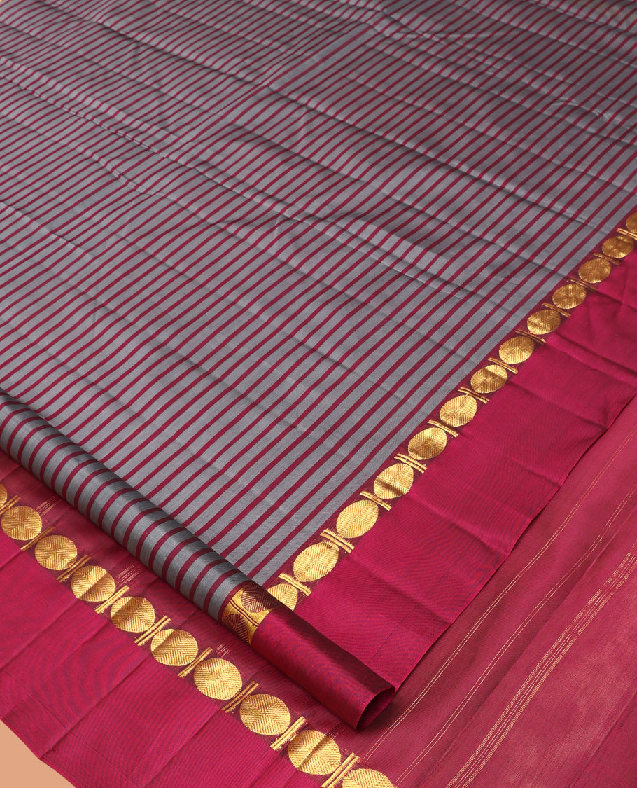 Grey Striped Kanchipuram Silk Saree, Complemented by a Contrast Kal Eragina Border of Rudraskham Design, Pallu of Zari Design, and a Contrast Blouse