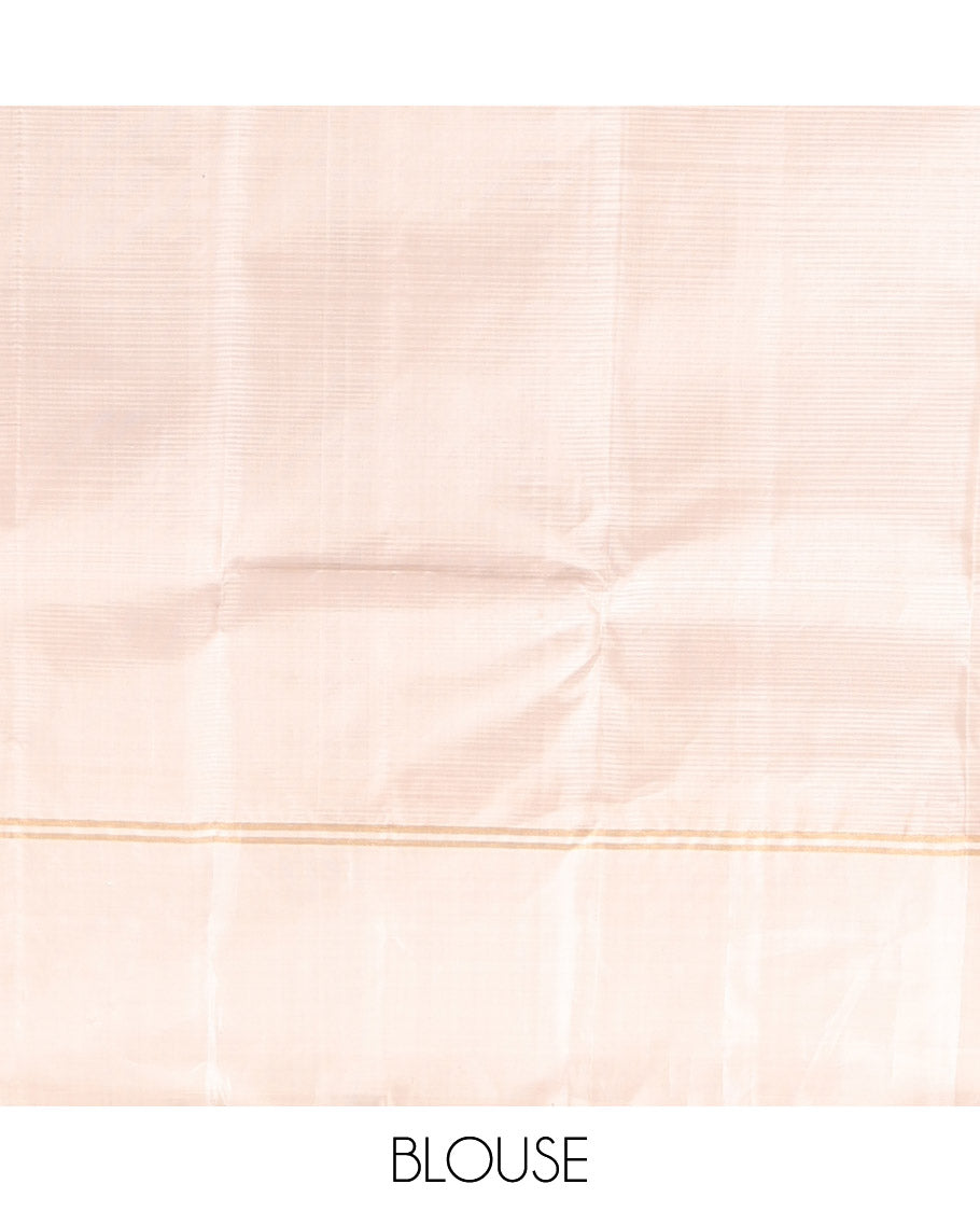 Brown Kanchipuram Silk Saree, Sparsely Woven with Buttas, a Contrast Border, Geometric Patterned Pallu, and a Contrast Blouse