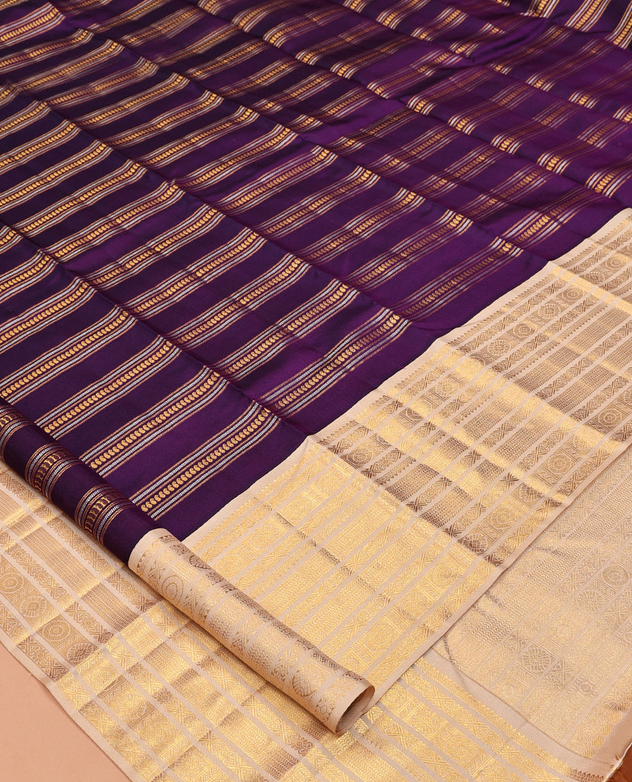 Purple Kanchipuram Designer Silk Saree, Boldly Accentuated with Manga Designs, Contrast Border of Chakram, Rekku, Kathir, and Jada Nagam Designs, Paisley Pallu, and a Contrast Blouse