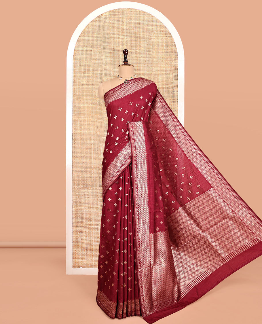 Red Matka Silk Saree, Woven with Buttas All Over Its Body, Highlighted by a Self-Border of Traditional Designs, Intricately Designed Pallu, and Paired with Matching Blouse