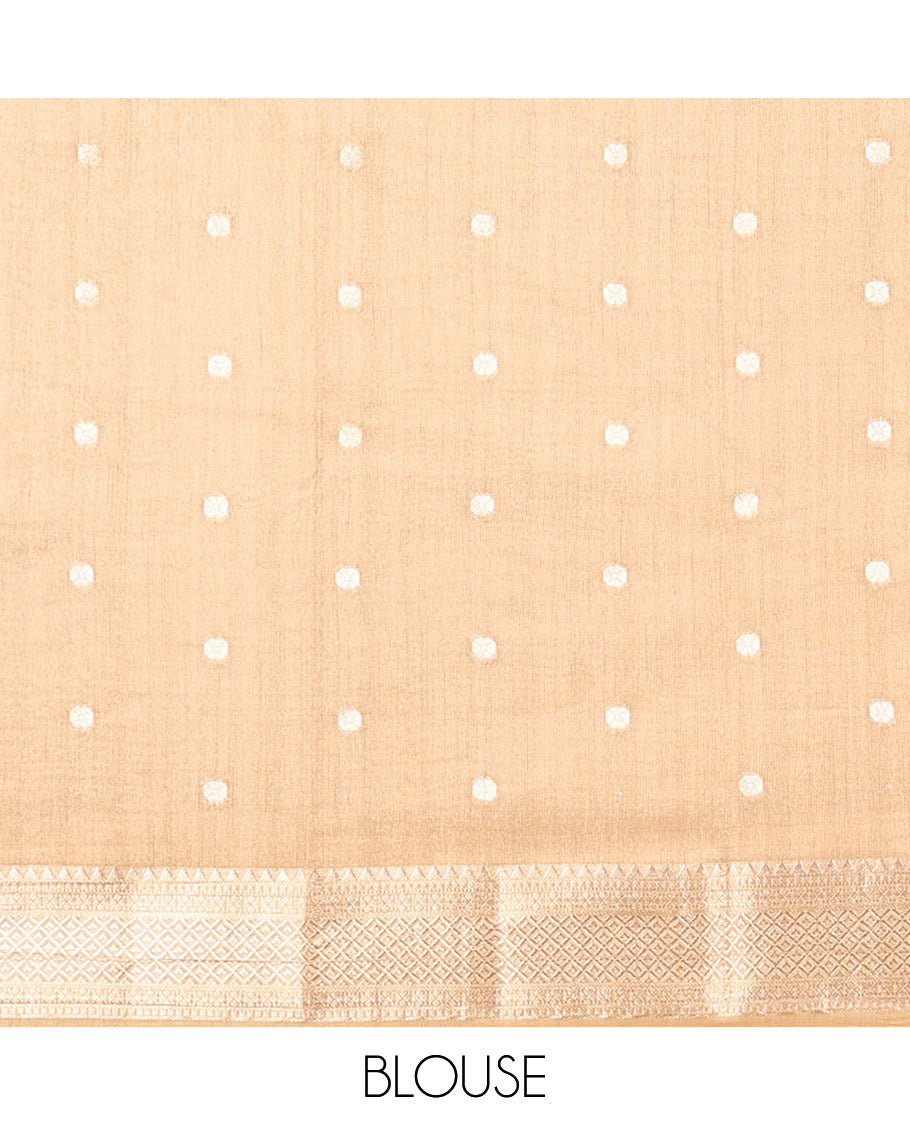 Brown Dupion Silk Saree, Beautified with Buttas on Body, Complemented by Contrast Traditional Temple Border, Pallu of Traditional Design, and a Contrast Blouse