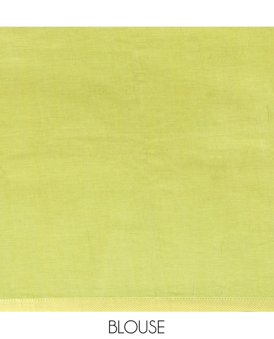 Mustard Andhra Cotton Saree, Artfully Detailed with Shibori Print and Tropical Floral Print, Complemented by a Contrast Zari Border and a Contrast Blouse