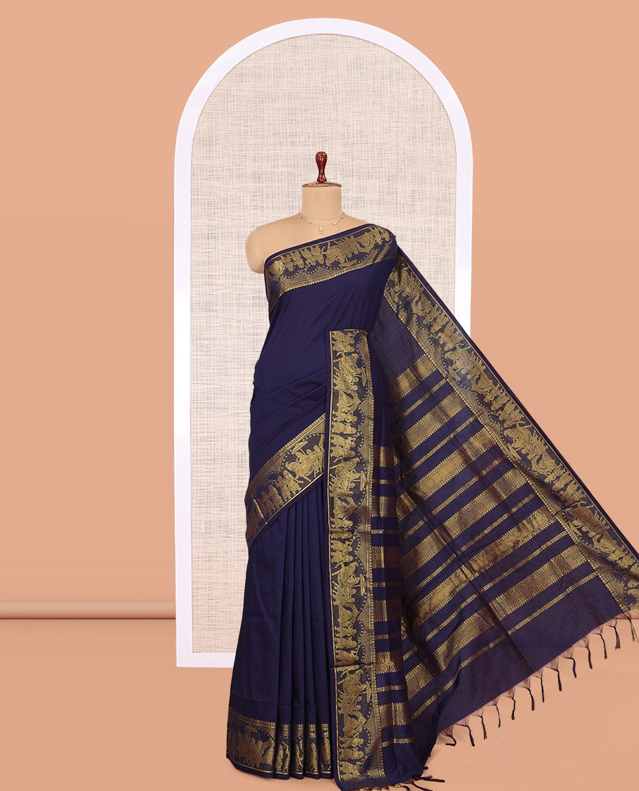 Navy Blue Plain Kalyani Cotton Saree