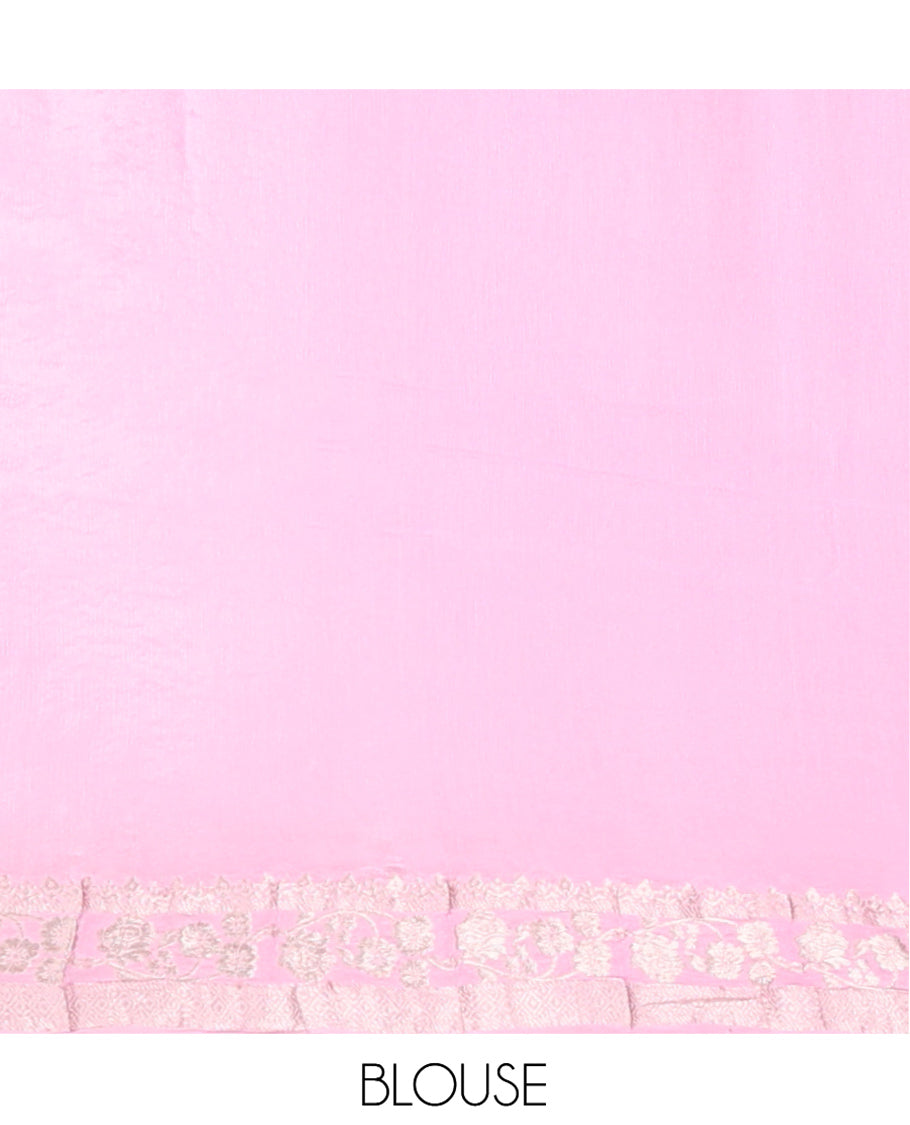 Pink Fancy Crepe Saree, Sparsely Woven with Buttas, a Floral Creeper Border, Floral Design Pallu, and a Matching Blouse