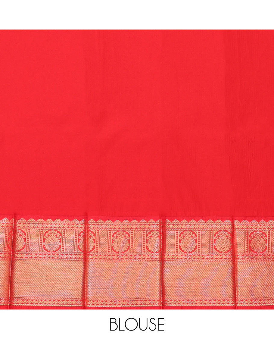 Orange Budget Silk Saree, Enriched with Zari Buttas and Checks, a Contrast Traditional Zari Border, Jaal Pallu, and a Contrast Blouse