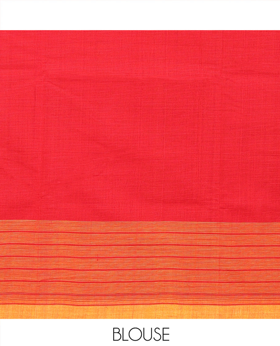 Orange Striped Mangalgiri Cotton Saree, Complemented by Contrast Checked Border, Contrast Pallu and Paired with a Contrast Blouse