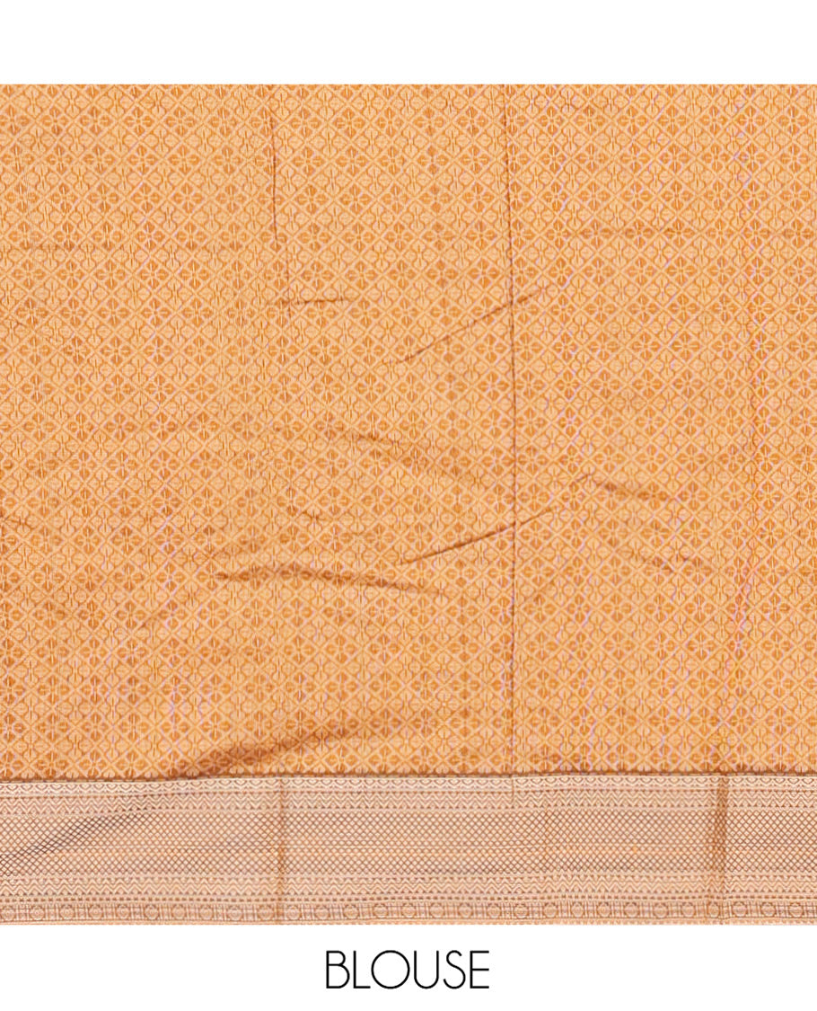 Orange Semi-Silk Cotton Saree, Elevated with Buttas on Its Body, Complemented by a Contrast Traditional Border, Pallu of Geometric Designs, and Paired with a Matching Blouse