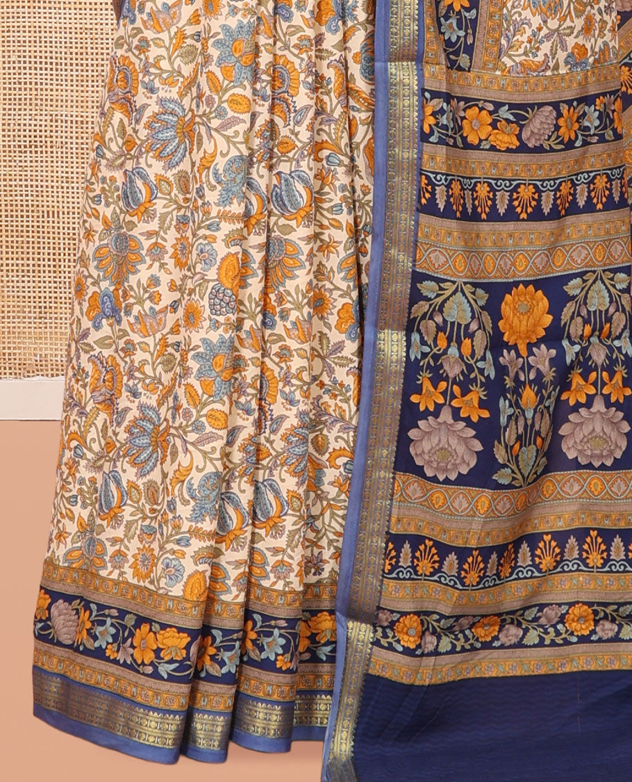 Sandal Printed Silk Saree, Adorned with Floral Vine Print, a Contrast Floral Printed Border, Floral Print Pallu, and a Matching Blouse