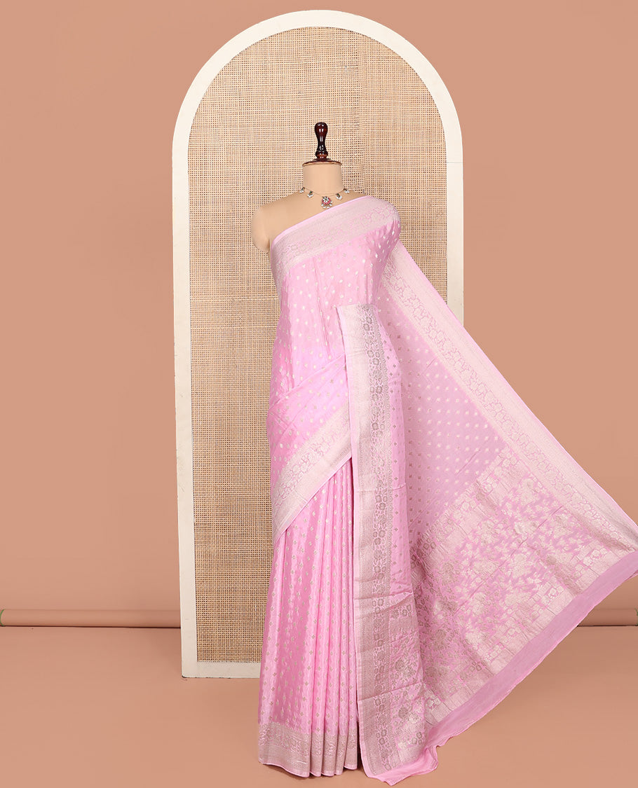 Pink Fancy Crepe Saree, Sparsely Woven with Buttas, a Floral Creeper Border, Floral Design Pallu, and a Matching Blouse