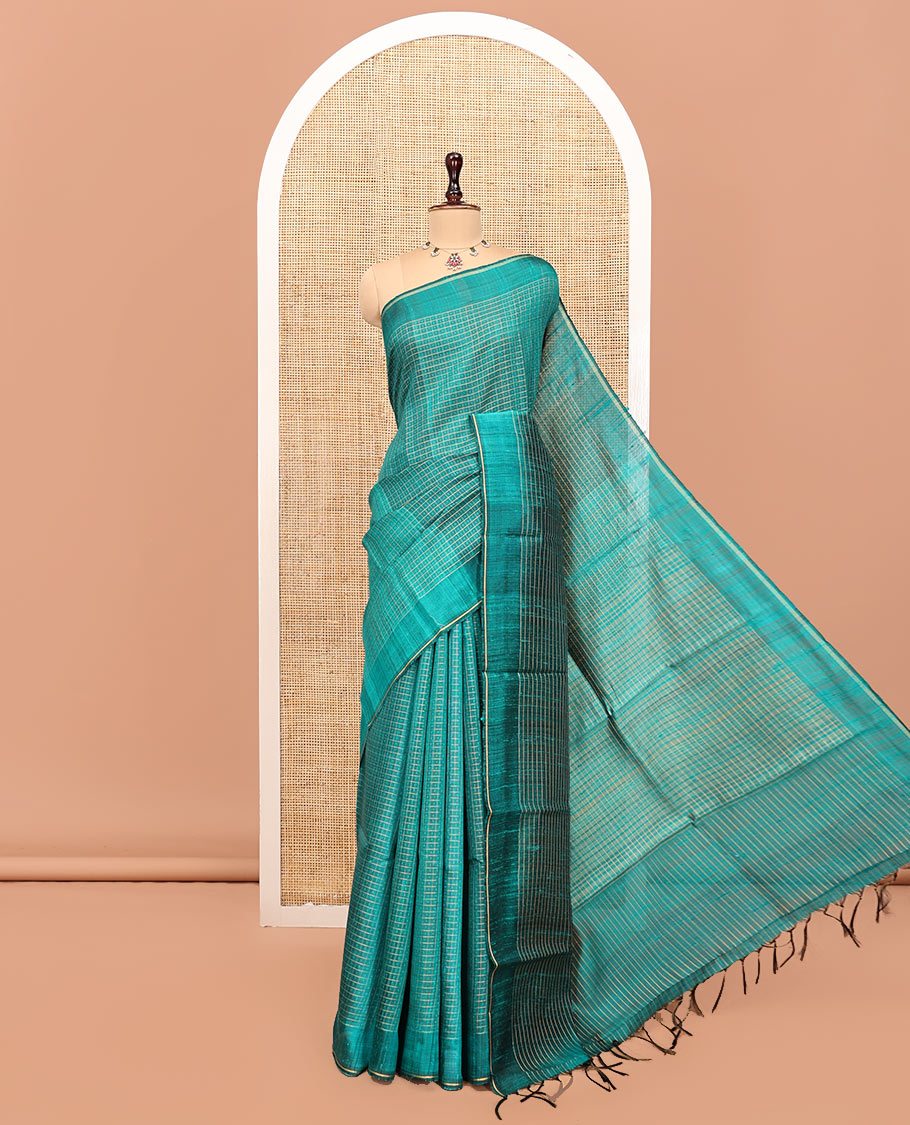 Green Tussar Silk Saree, Adorned with Butta Enclosed Checks, a Subtle Border, a Self-Pallu, and a Matching Blouse