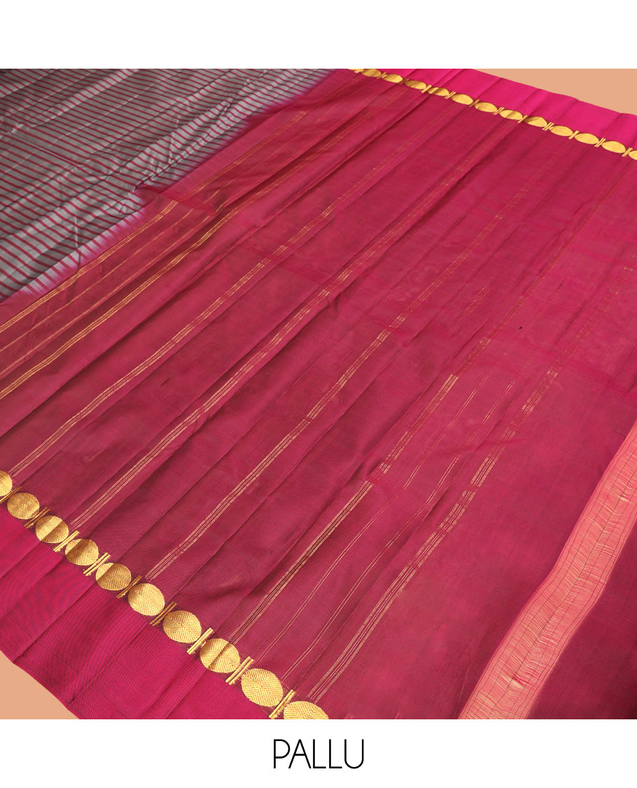 Grey Striped Kanchipuram Silk Saree, Complemented by a Contrast Kal Eragina Border of Rudraskham Design, Pallu of Zari Design, and a Contrast Blouse