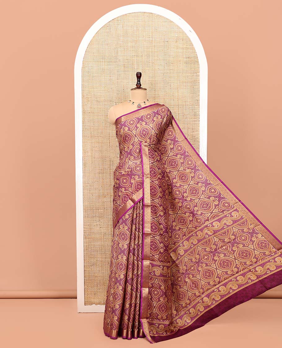Dark Pink Printed Silk Saree, Elevated with Intricate Prints, Highlighted by a Traditional Zari Border, Printed Pallu, and a Matching Blouse