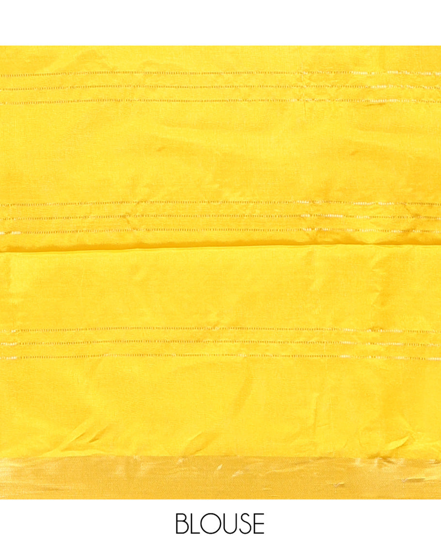 Yellow Banana Pith Saree, Sparsely Woven with Buttas and Stripes on Its Body, Subtly Zari Border, Pallu Steeped with Zari Stripes, and Paired with a Matching Blouse