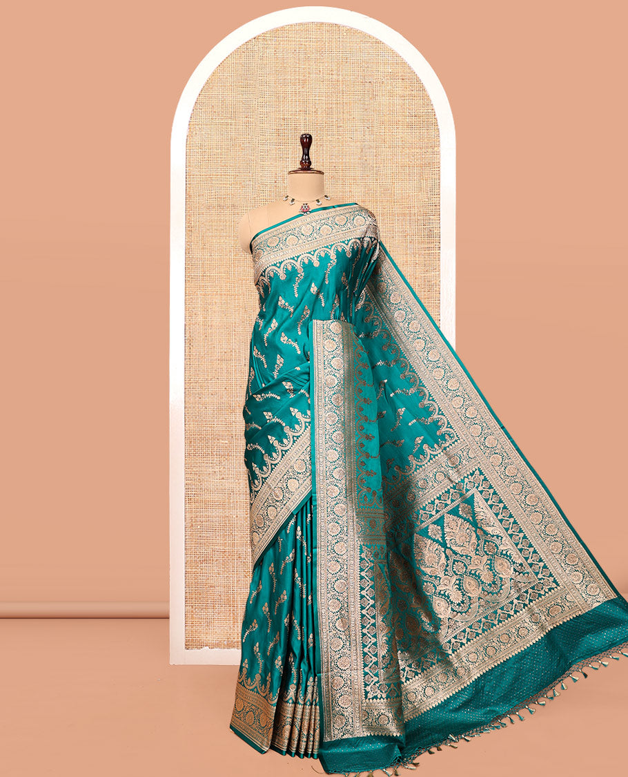 Blue Banarasi Satin Saree, Detailed with Floral Buttas, a Floral Creeper Border, Intricate Stonework Pallu, and a Matching Blouse