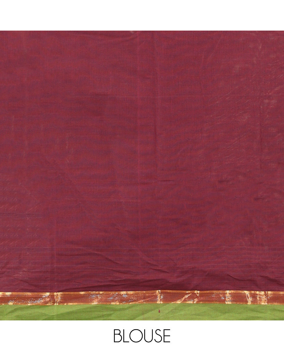 Brown Kanchi Cotton Saree, Woven with Thread Buttas, a Contrast Border, Intricate Pallu, and a Matching Blouse