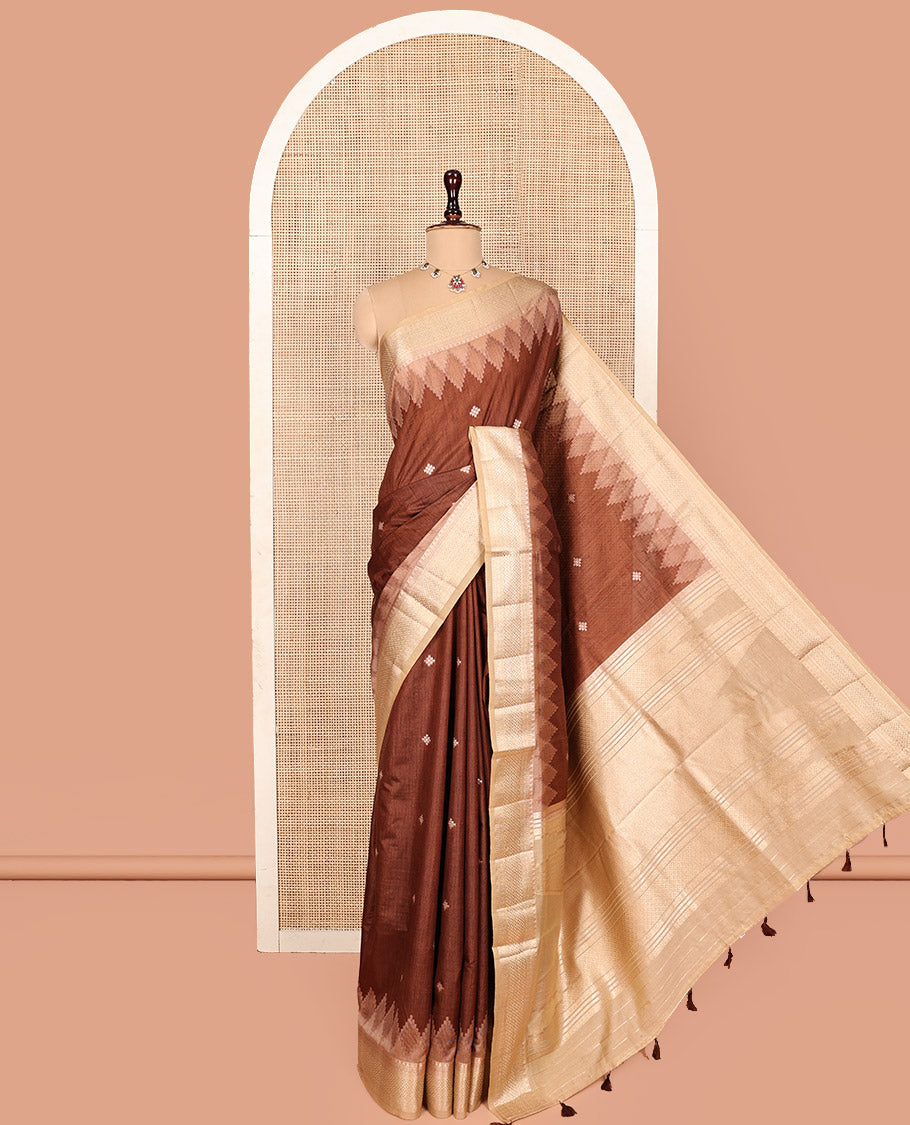 Brown Dupion Silk Saree, Beautified with Buttas on Body, Complemented by Contrast Traditional Temple Border, Pallu of Traditional Design, and a Contrast Blouse