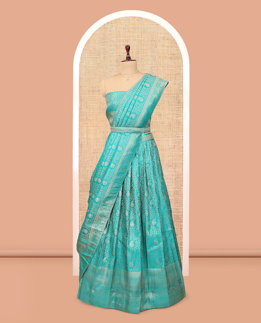 Turquoise Banarasi Half-Saree, Meticulously Crafted with Jacquard Design Skirt, a Traditional Border, Matching Blouse, and Intricately Designed Dupatta