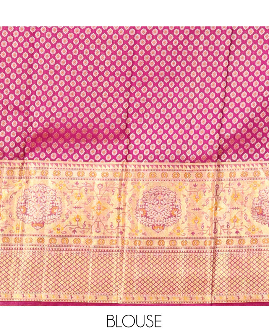 Yellow Kanchipuram Tissue Silk Saree, Impeccably Styled with Jacquard, Complemented by a Contrast Meenakari Border, Jaal Pallu, and a Contrast Blouse