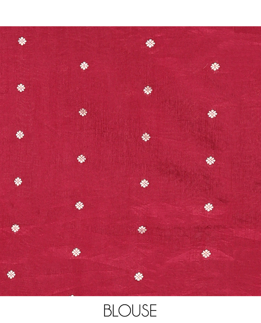 Red Matka Silk Saree, Woven with Buttas All Over Its Body, Highlighted by a Self-Border of Traditional Designs, Intricately Designed Pallu, and Paired with Matching Blouse