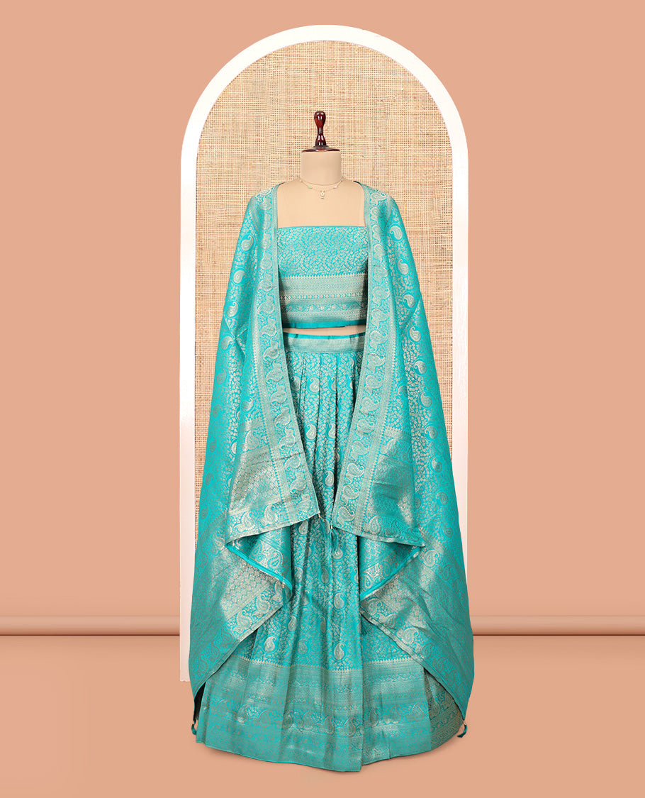Turquoise Banarasi Half-Saree, Meticulously Crafted with Jacquard Design Skirt, a Traditional Border, Matching Blouse, and Intricately Designed Dupatta