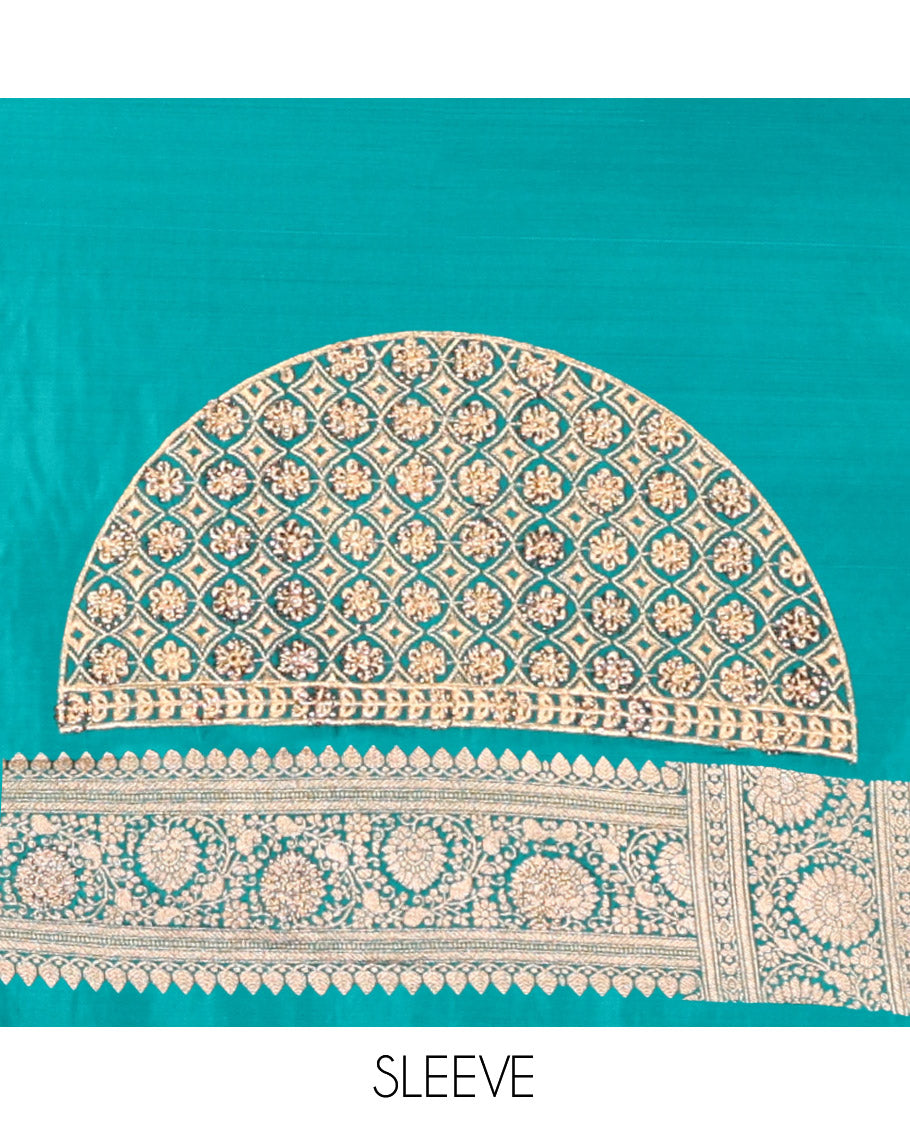 Blue Banarasi Satin Saree, Detailed with Floral Buttas, a Floral Creeper Border, Intricate Stonework Pallu, and a Matching Blouse