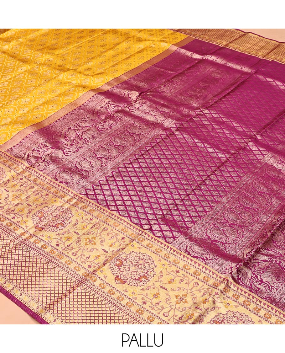 Yellow Kanchipuram Tissue Silk Saree, Impeccably Styled with Jacquard, Complemented by a Contrast Meenakari Border, Jaal Pallu, and a Contrast Blouse