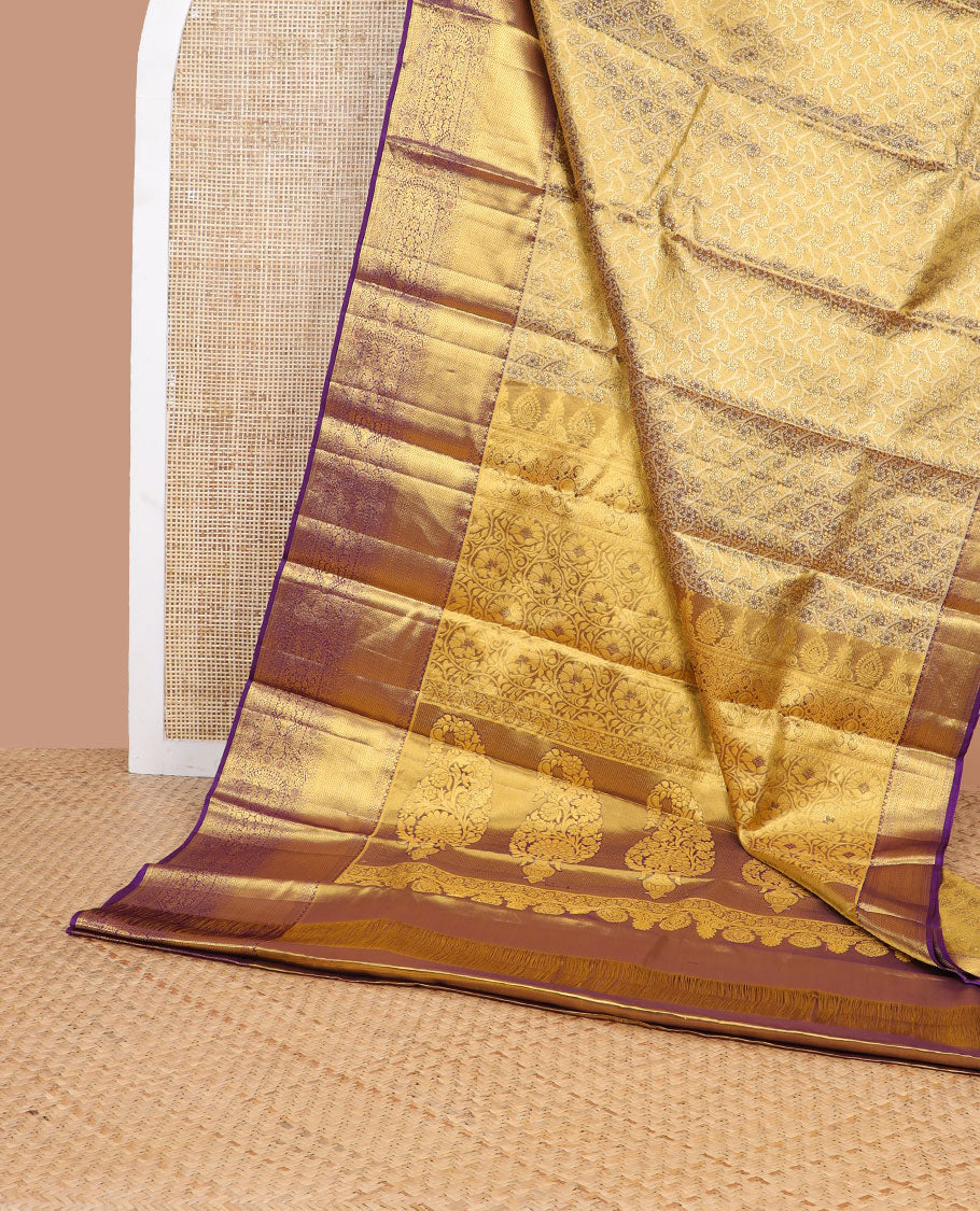 Purple floral design kancheepuram tissue silk saree with self border of thilakam mokku, kathir, banaras, mayil kann design & zari design pallu