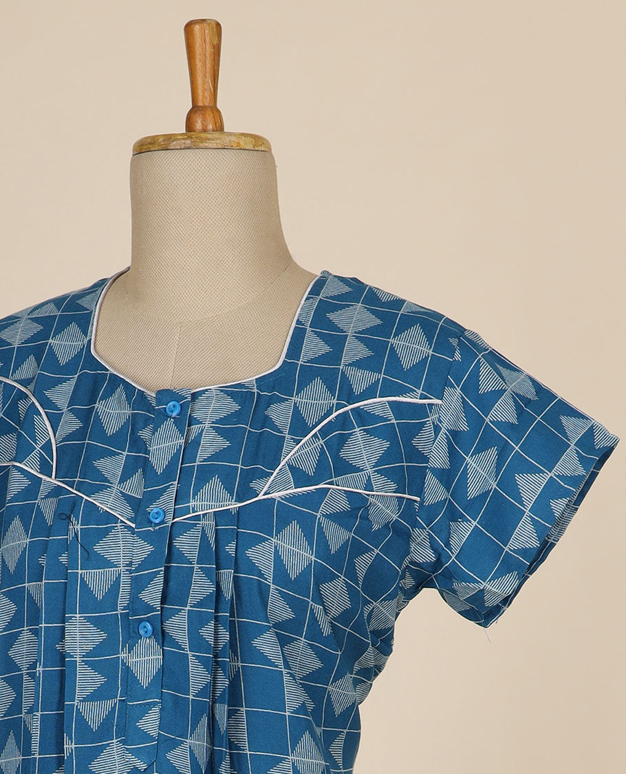 Blue geometric design printed & square neck cotton half sleeve nighty