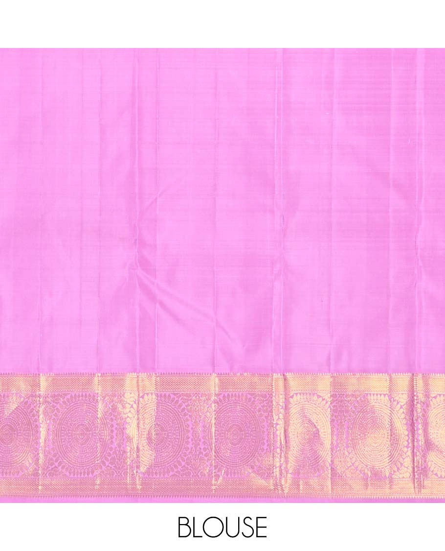Multi-color paalum pazhamum checks, and buttas Kanchipuram korvai silk saree, contrast korvai border of thilakam mokku, muthu, and laddu kamalam, and annam chakram enclosed pallu