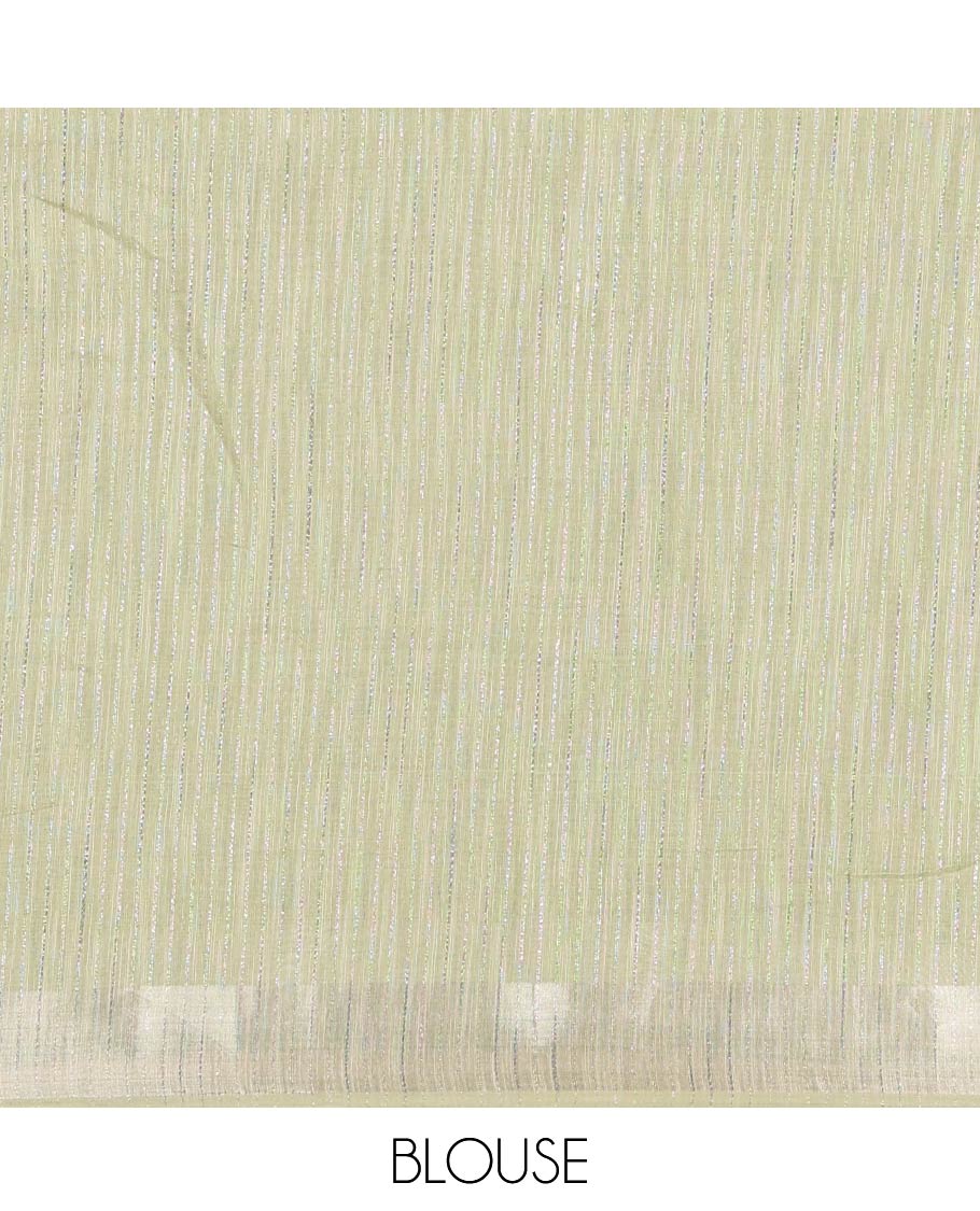 Sage Green Linen Zari Cotton Saree, Gleamed Up with Zari Stripes All Over Its Body, a Subtle Zari Border, a Self-Pallu, and Comes Without a Blouse