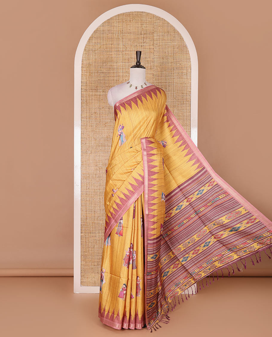 Yellow Radha motifs printed katan silk saree, contrast temple border, ikkat motifs woven pallu, and contrast printed pallu