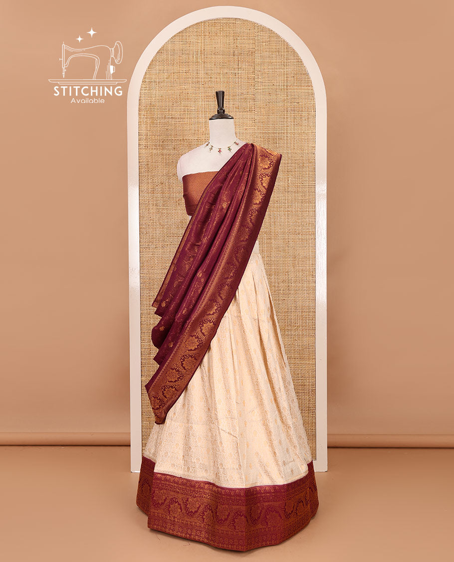 Cream-purple half-saree, zari jacquard & contrast traditional zari border banaras softy skirt, semi-banaras jacquard blouse & contrast zari design blouse