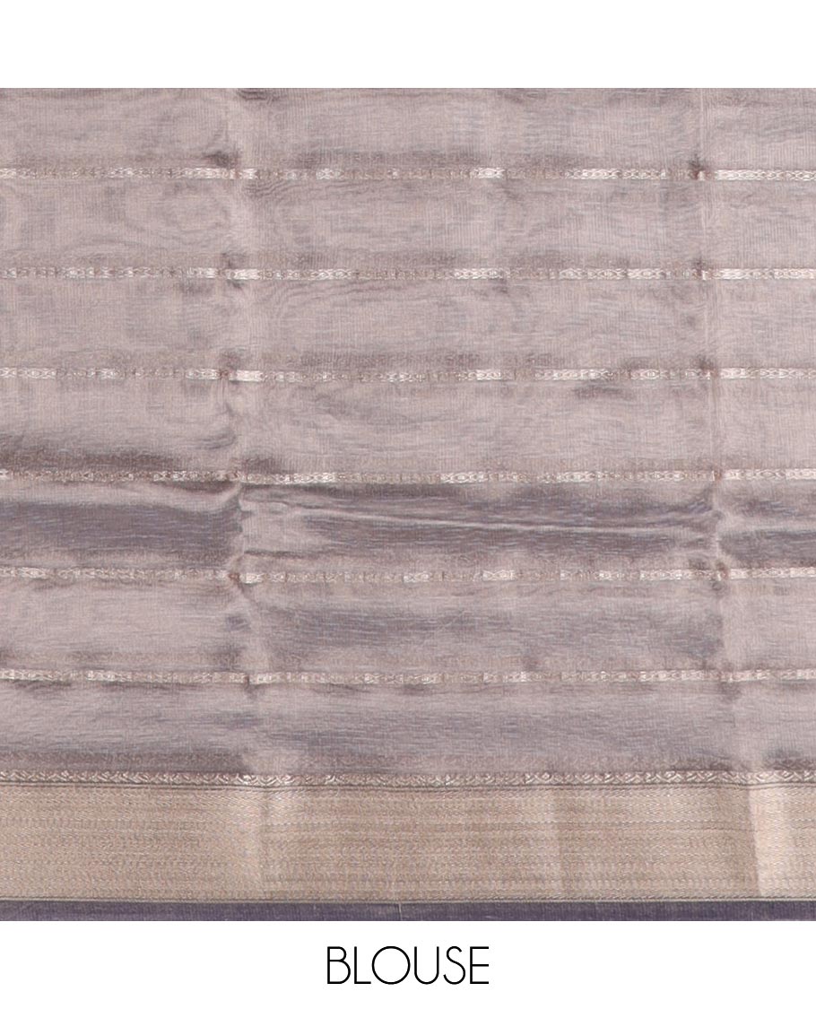 Greyish blue striped semi tissue saree with contrast zari border & zari design pallu